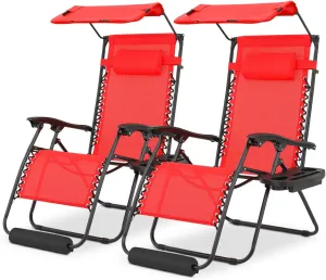 Athena Collection Zero Gravity Outdoor Lounge Chair Set of 2 with Canopy Shade, 29" Width Pool Lounge Lawn Chairs Reclining with Cup Holder Foot Pad, Outdoor Chaise for Beach Patio Outside, Red