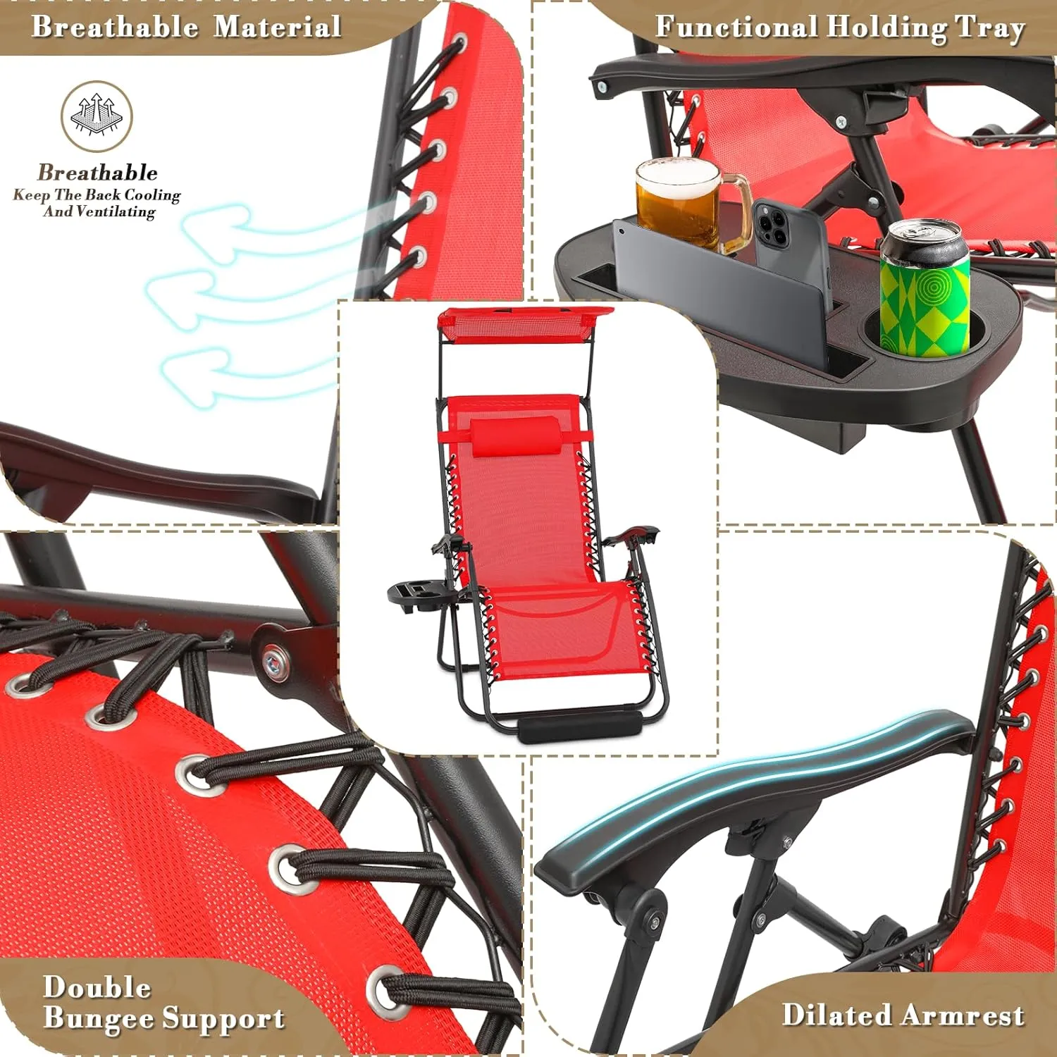 Athena Collection Zero Gravity Outdoor Lounge Chair Set of 2 with Canopy Shade, 29" Width Pool Lounge Lawn Chairs Reclining with Cup Holder Foot Pad, Outdoor Chaise for Beach Patio Outside, Red