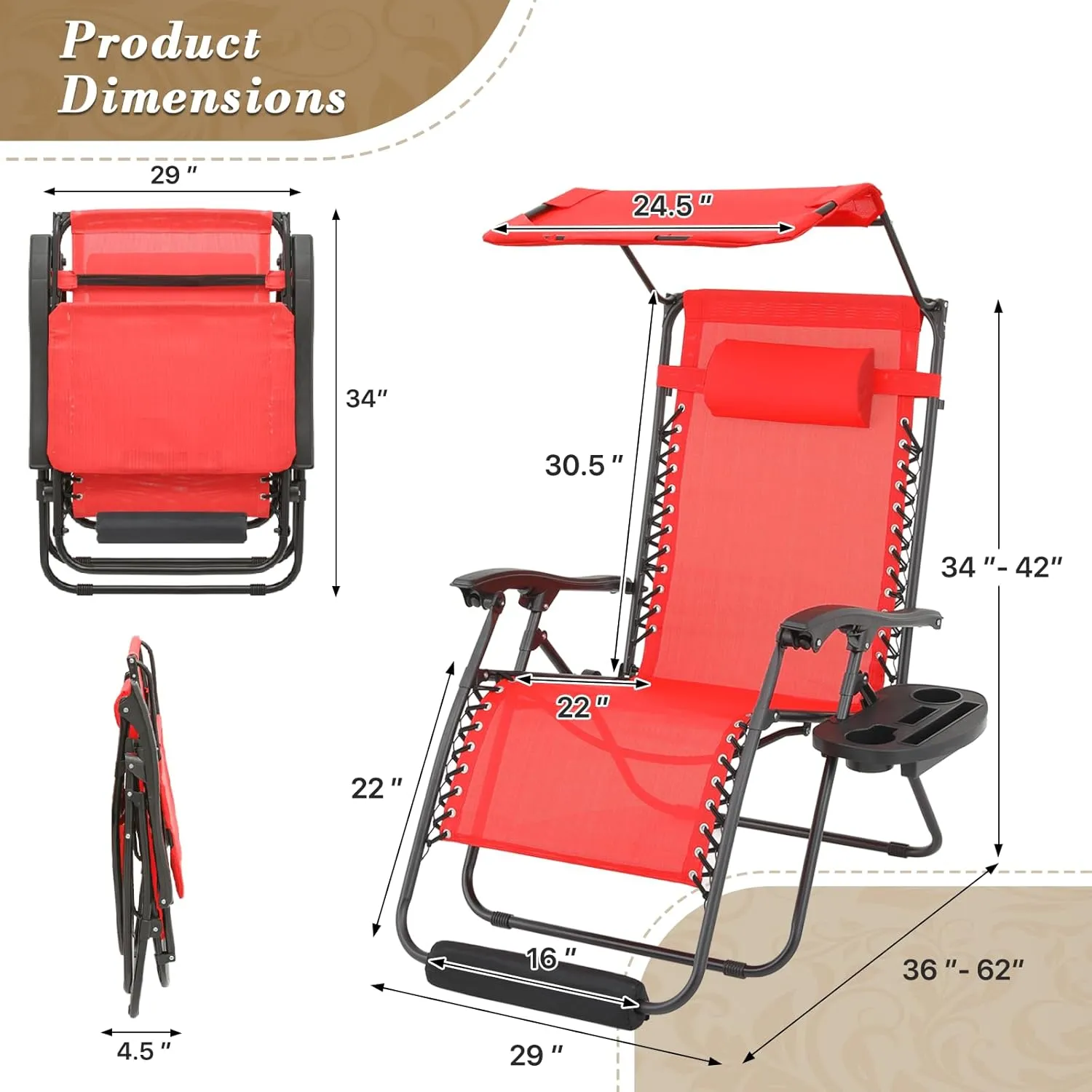 Athena Collection Zero Gravity Outdoor Lounge Chair Set of 2 with Canopy Shade, 29" Width Pool Lounge Lawn Chairs Reclining with Cup Holder Foot Pad, Outdoor Chaise for Beach Patio Outside, Red