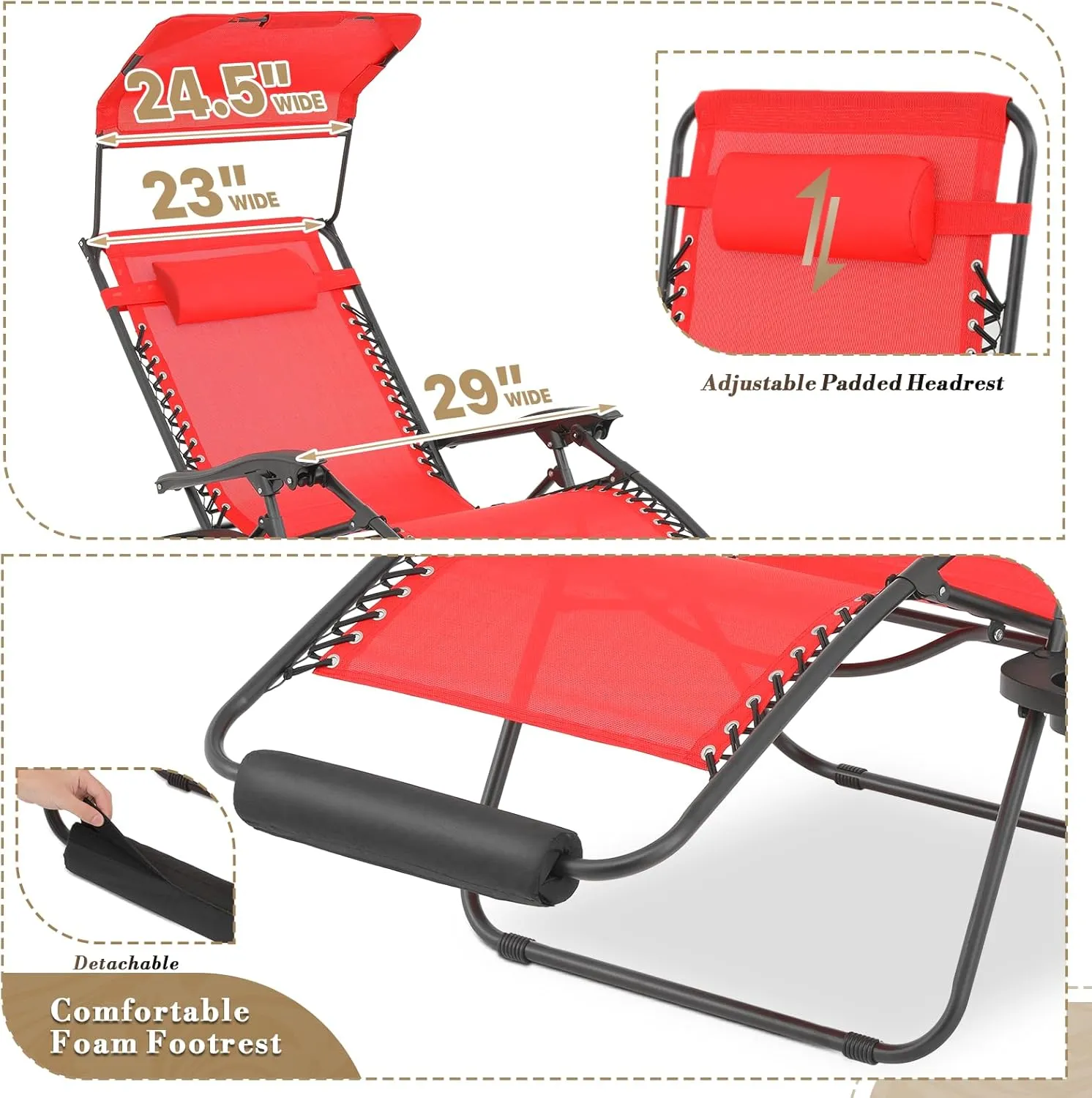 Athena Collection Zero Gravity Outdoor Lounge Chair Set of 2 with Canopy Shade, 29" Width Pool Lounge Lawn Chairs Reclining with Cup Holder Foot Pad, Outdoor Chaise for Beach Patio Outside, Red