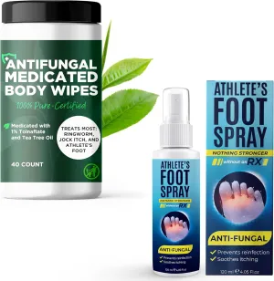 Athlete’s Foot Spray With Tea Tree Oil   Medicated Antifungal Body Wipes | Antifungal Treatment for Athlete’s Foot, Jock Itch, Ringworm | Soothes Itchy Skin on Feet, Groin & Inner Thighs | 40 Wipes  