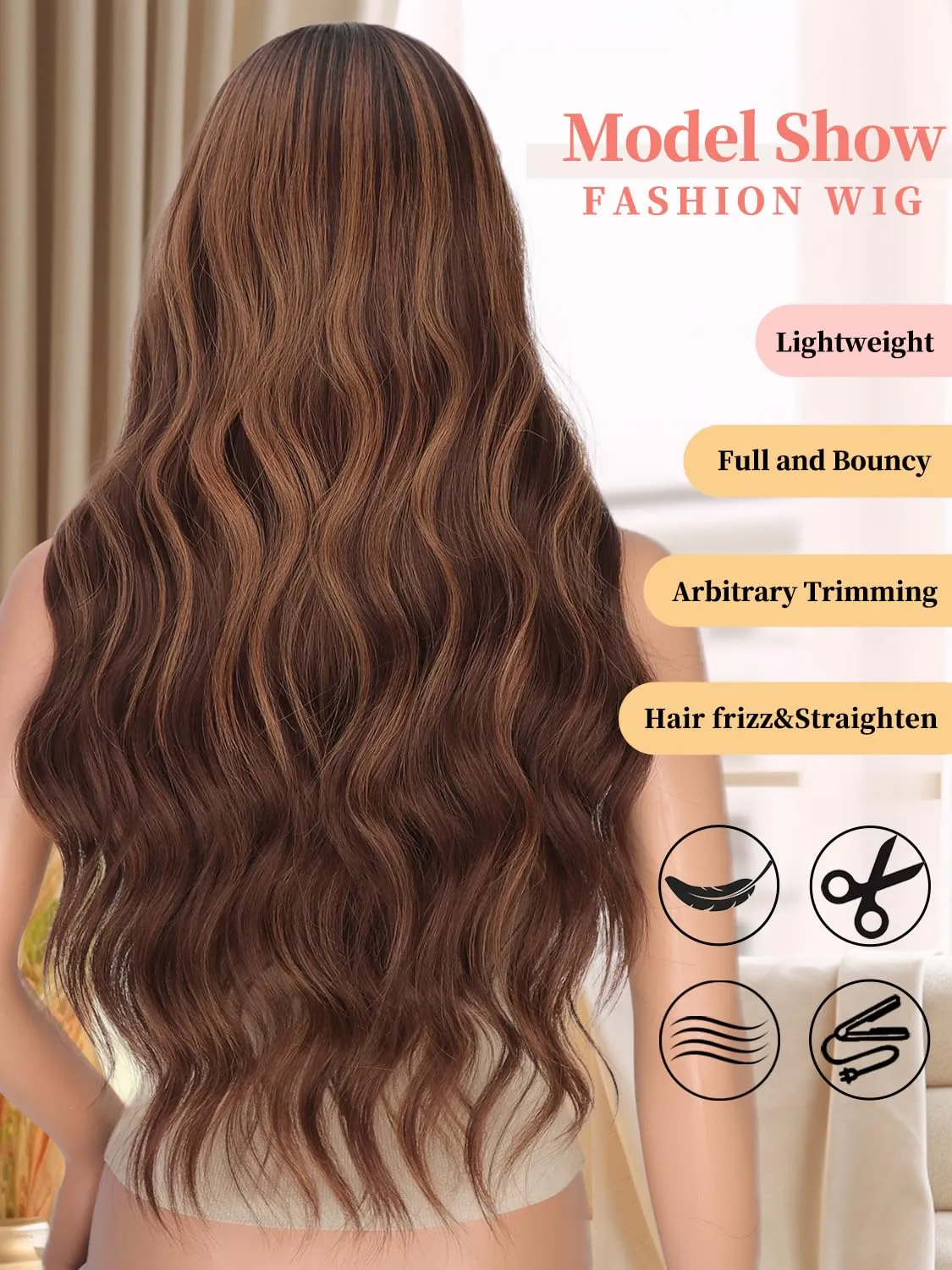 Auburn Wigs for Women, Long Wavy Womens Charming Lace Hairline Wigs 26 Inches Synthetic Natural Looking Heat Resistant Wig for Daily Party Use