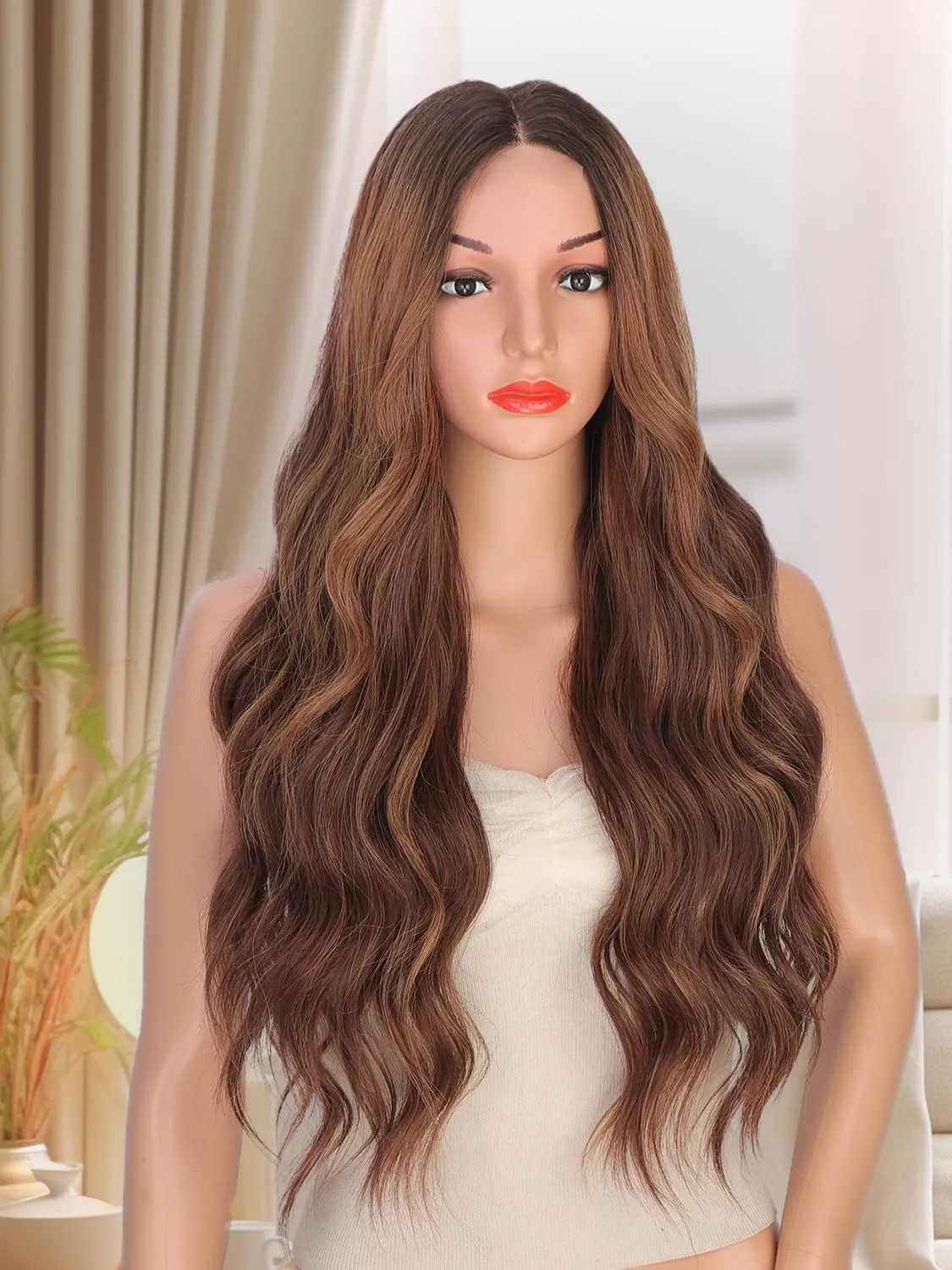 Auburn Wigs for Women, Long Wavy Womens Charming Lace Hairline Wigs 26 Inches Synthetic Natural Looking Heat Resistant Wig for Daily Party Use