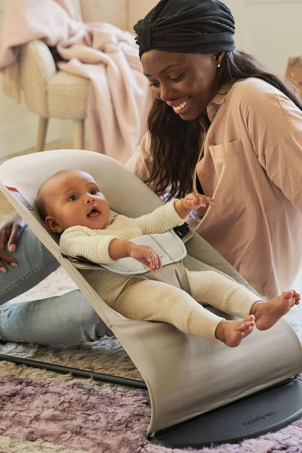 BabyBjörn Bouncer Balance Soft, Cotton/Jersey, Beige/Gray 2-in-1 Adjustable Baby Bouncer Seat and Toddler Chair, Newborn to Toddler (8-29 lbs), 4 Positions, Lightweight & Portable