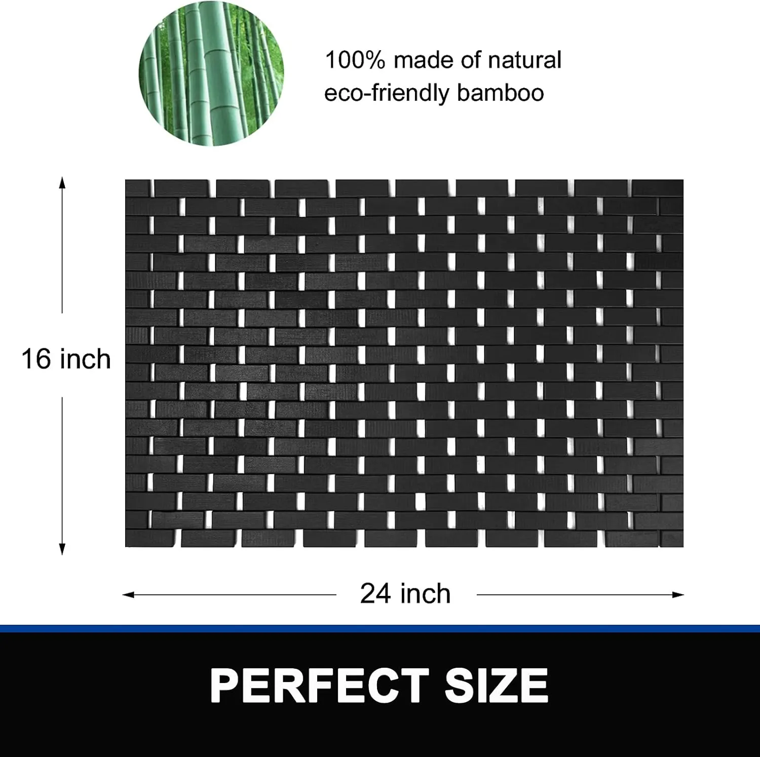 Bamboo Bath Mat Bathroom Rugs Floor Wood Shower Bathtub Waterproof Non Slip Accessories 16x24 Inch Easy to Clean,Black,1 pc