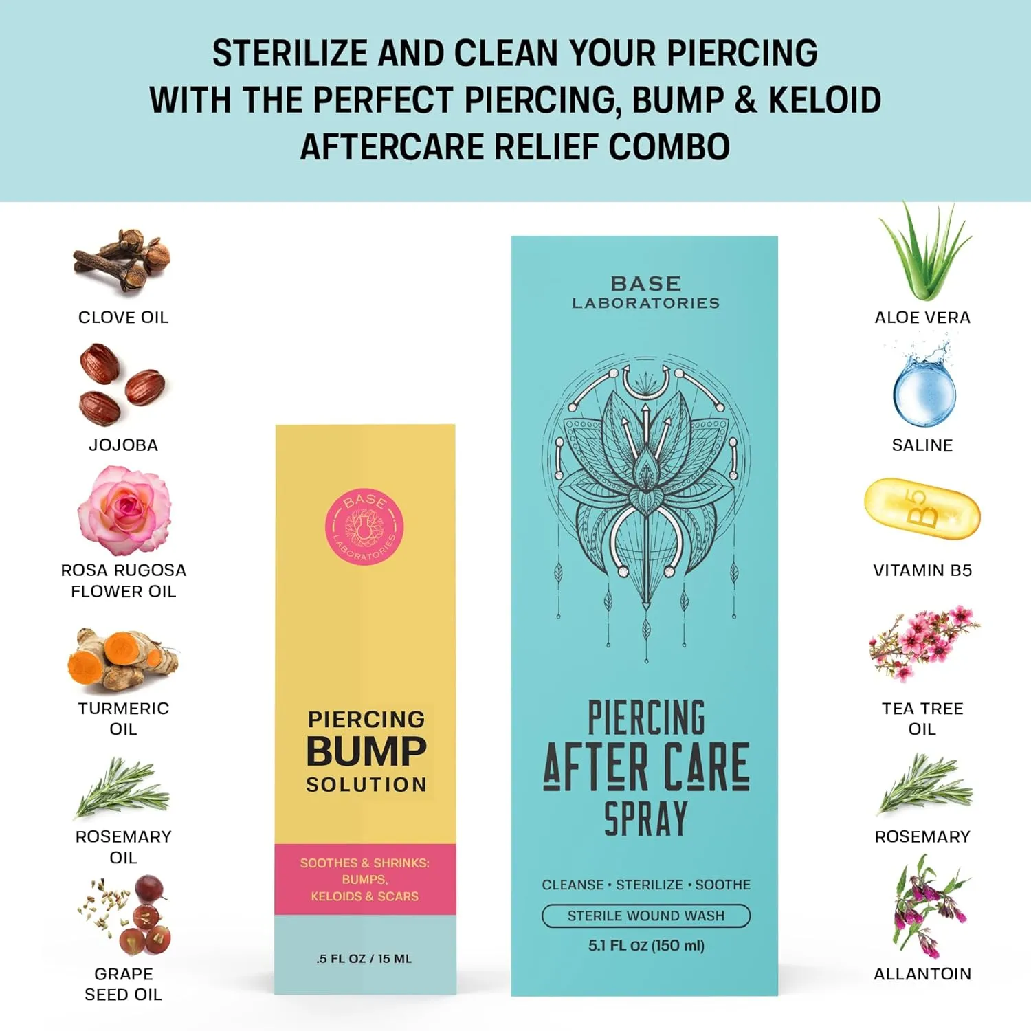 BASE LABORATORIES Piercing Aftercare Kit: Keloid & Piercing Bump Solution Oil(15ml)   Piercing Aftercare Spray (4oz) - for Keloid Bump Removal & Cleansing Soothing Piercings Before & After
