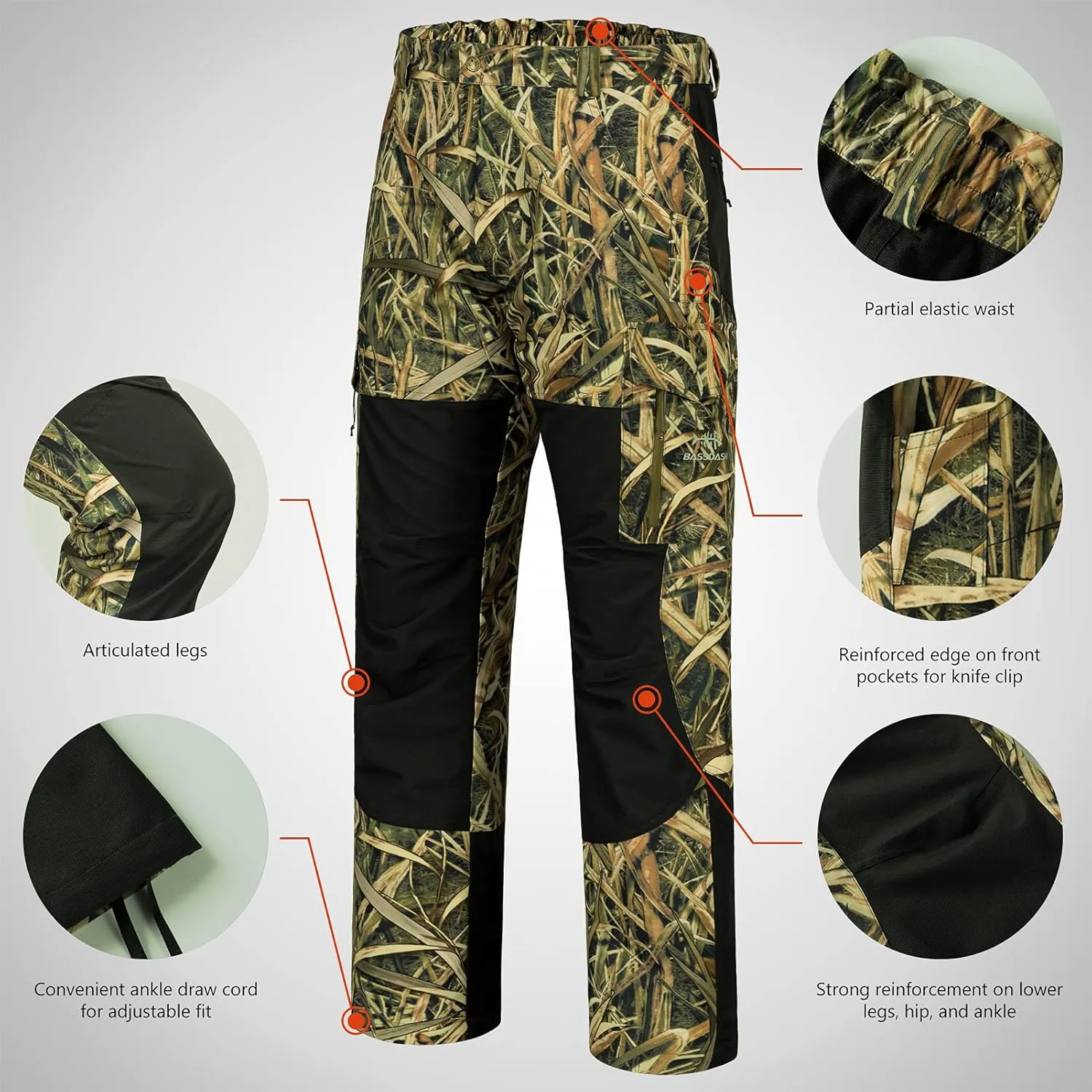 BASSDASH Splice Men’s Waterproof Breathable Hunting Pants Ripstop Camo Fishing Rain Pant