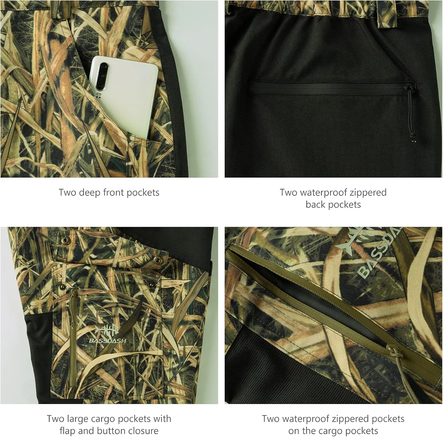 BASSDASH Splice Men’s Waterproof Breathable Hunting Pants Ripstop Camo Fishing Rain Pant