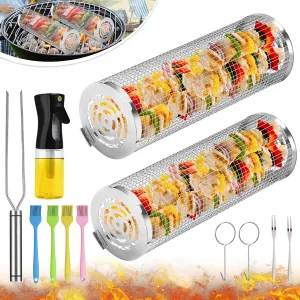 BBQ Basket 2 PCS, Stainless Steel Rolling Grill Mesh for Fish, Shrimp, Meat, Vegetables, Fries - Portable Barbeque Accessories for Outdoor Grilling