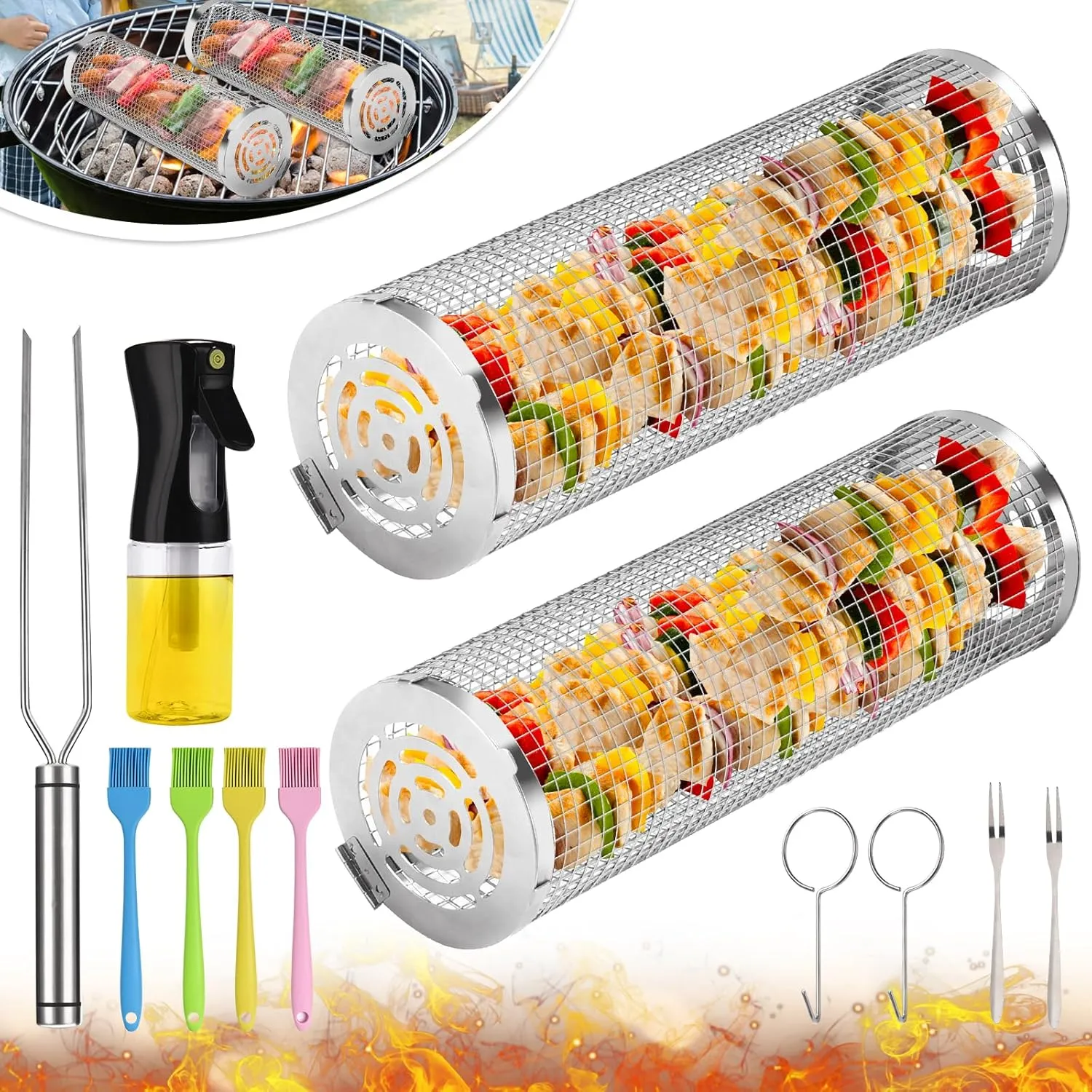 BBQ Basket 2 PCS, Stainless Steel Rolling Grill Mesh for Fish, Shrimp, Meat, Vegetables, Fries - Portable Barbeque Accessories for Outdoor Grilling