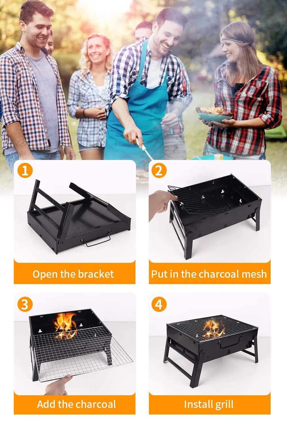 BBQ Foldable Portable Stainless Steel Charcoal Grill