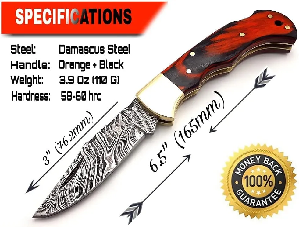 BCK Pocket Knife 4 Pcs Set 6.5" Handmade Damascus Folding Knife Back lock knife Damascus Hunting Knife with Sheath Damascus Pocket Knife for men 100% Prime Quality camping Knife (Orange Wood)