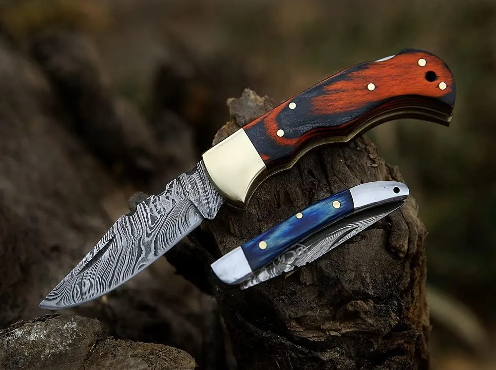 BCK Pocket Knife 4 Pcs Set 6.5" Handmade Damascus Folding Knife Back lock knife Damascus Hunting Knife with Sheath Damascus Pocket Knife for men 100% Prime Quality camping Knife (Orange Wood)