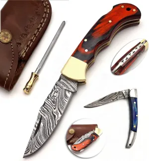 BCK Pocket Knife 4 Pcs Set 6.5" Handmade Damascus Folding Knife Back lock knife Damascus Hunting Knife with Sheath Damascus Pocket Knife for men 100% Prime Quality camping Knife (Orange Wood)