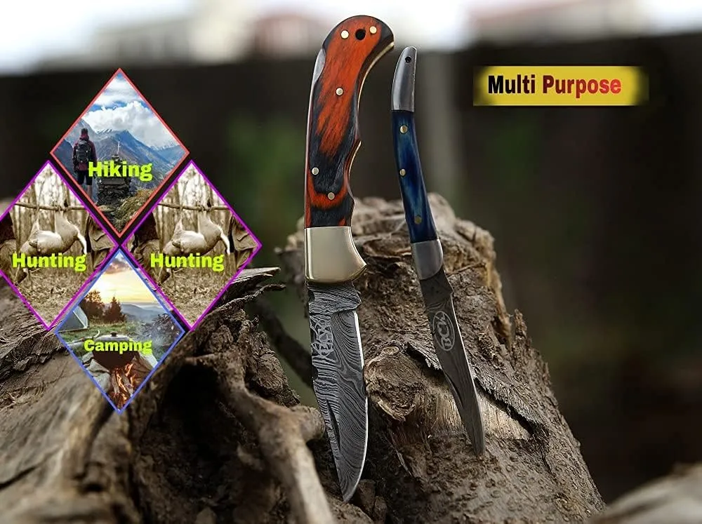 BCK Pocket Knife 4 Pcs Set 6.5" Handmade Damascus Folding Knife Back lock knife Damascus Hunting Knife with Sheath Damascus Pocket Knife for men 100% Prime Quality camping Knife (Orange Wood)