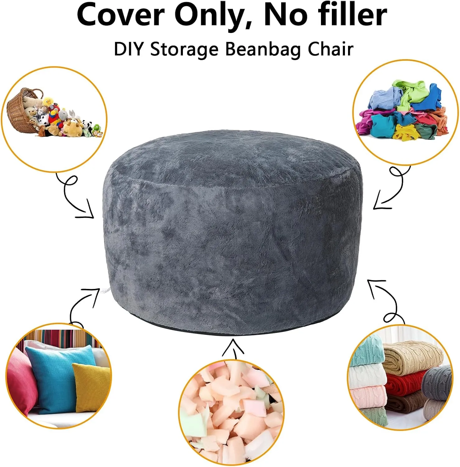 Bean Bag Chair Cover (No Filler), Adult Beanbag Chair Outside Cover Big Round Soft Fluffy Faux Fur Beanbag Lazy Sofa Bed Cover (Grey,4FT)