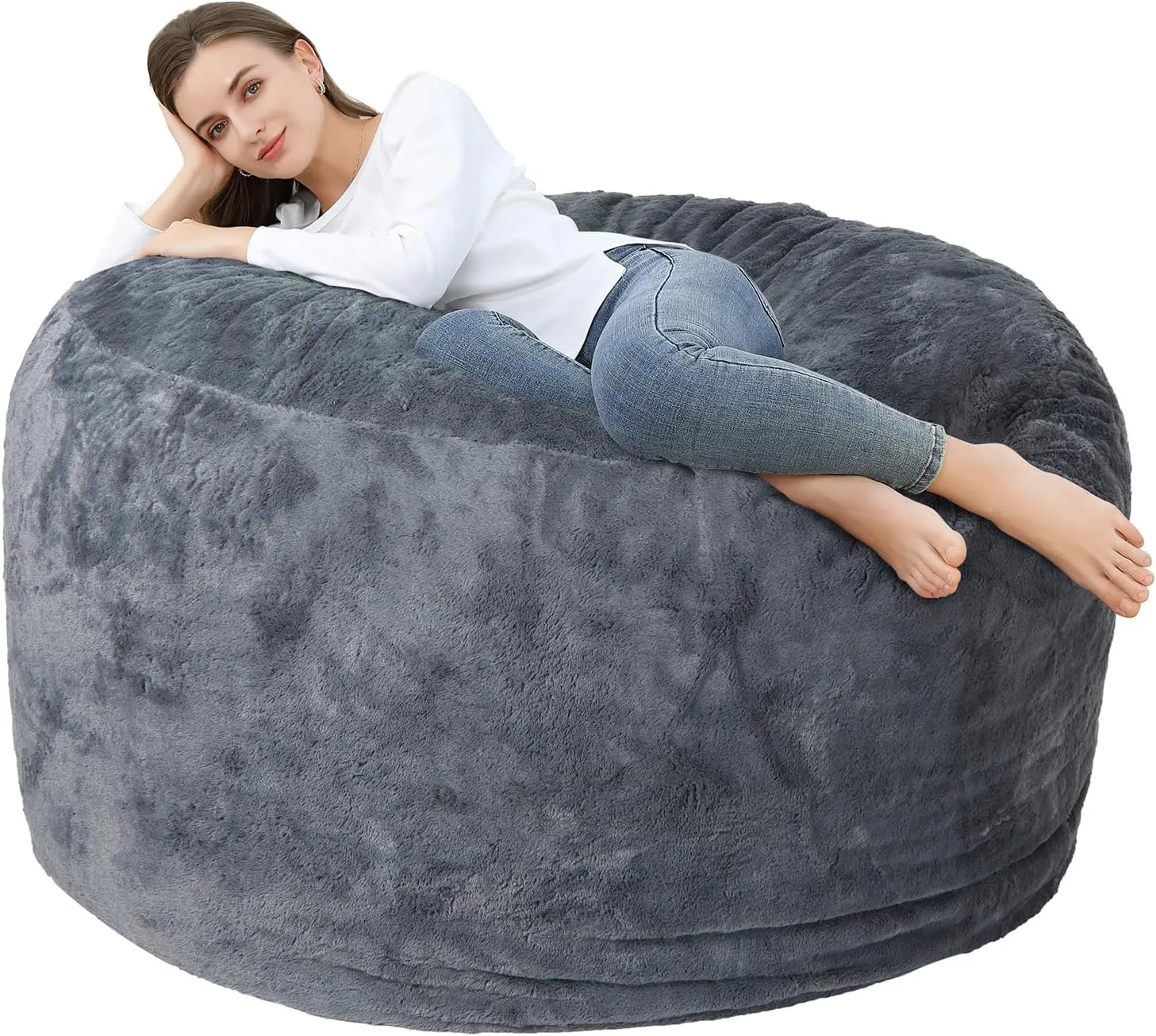 Bean Bag Chair Cover (No Filler), Adult Beanbag Chair Outside Cover Big Round Soft Fluffy Faux Fur Beanbag Lazy Sofa Bed Cover (Grey,4FT)