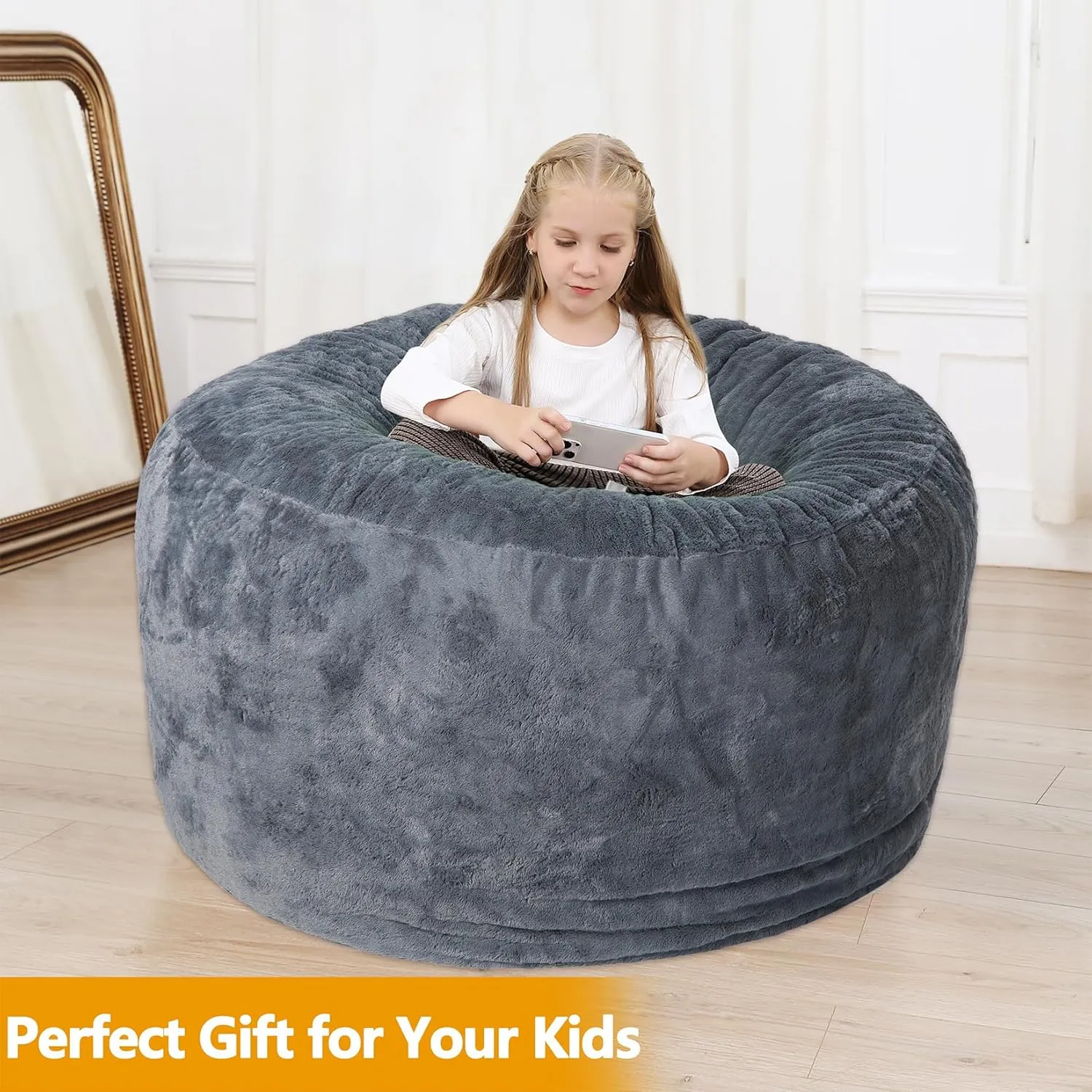Bean Bag Chair Cover (No Filler), Adult Beanbag Chair Outside Cover Big Round Soft Fluffy Faux Fur Beanbag Lazy Sofa Bed Cover (Grey,4FT)