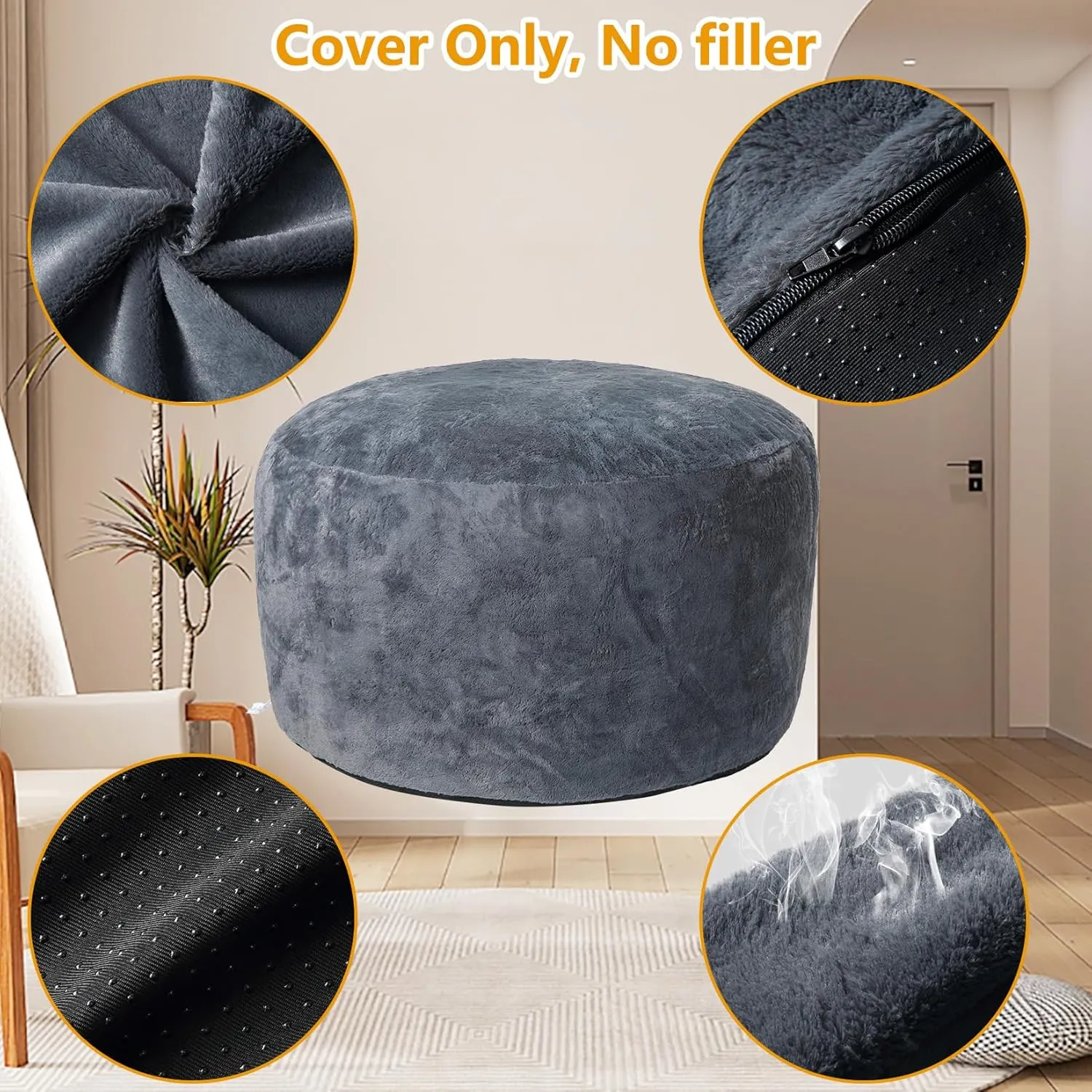 Bean Bag Chair Cover (No Filler), Adult Beanbag Chair Outside Cover Big Round Soft Fluffy Faux Fur Beanbag Lazy Sofa Bed Cover (Grey,4FT)