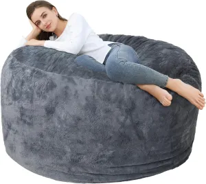 Bean Bag Chair Cover (No Filler), Adult Beanbag Chair Outside Cover Big Round Soft Fluffy Faux Fur Beanbag Lazy Sofa Bed Cover (Grey,4FT)