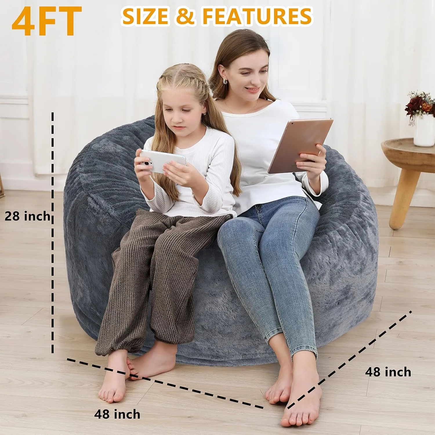 Bean Bag Chair Cover (No Filler), Adult Beanbag Chair Outside Cover Big Round Soft Fluffy Faux Fur Beanbag Lazy Sofa Bed Cover (Grey,4FT)