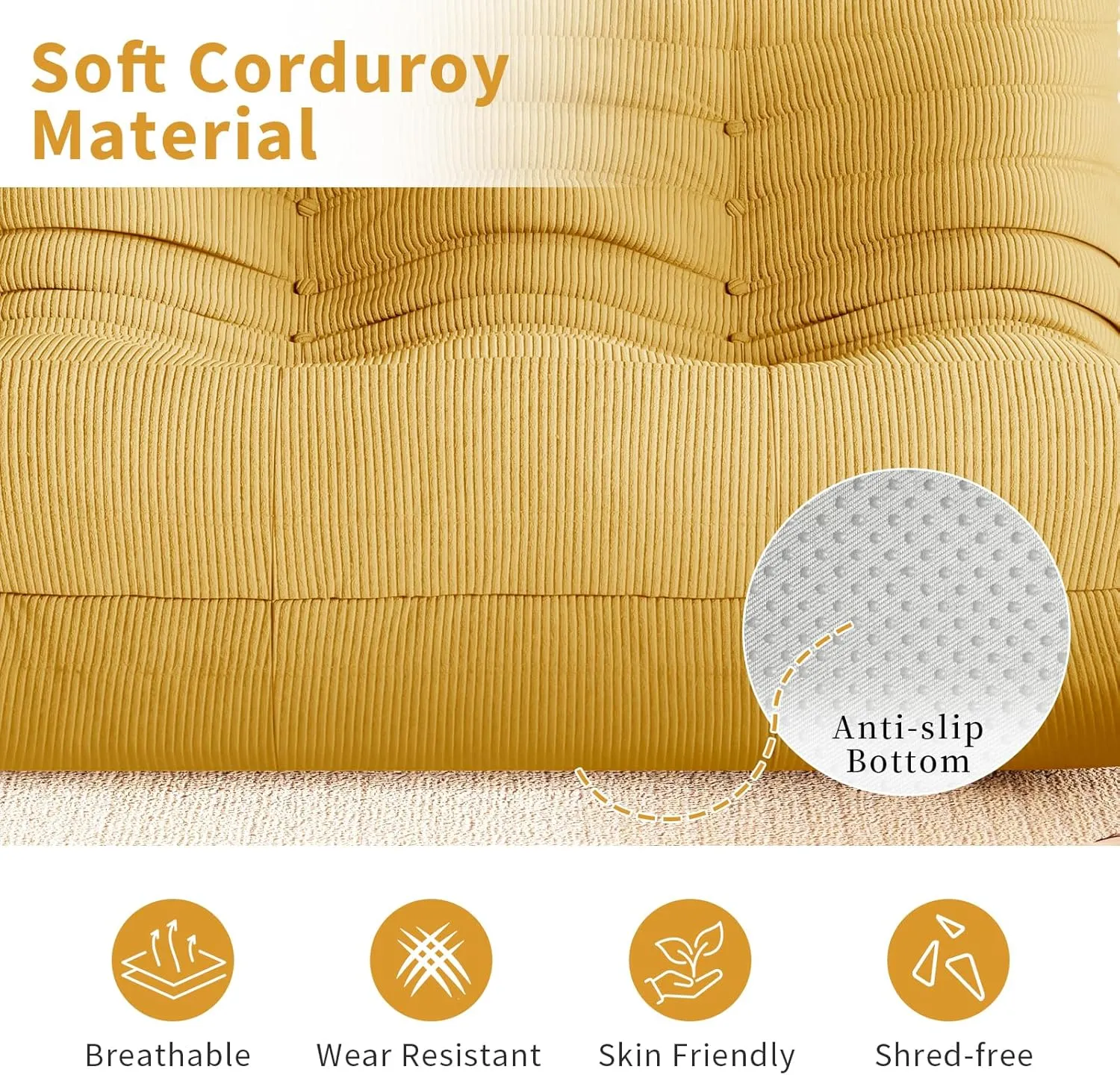 Bean Bag Chair for Adults Fireside Sofa Floor Lazy Couches with Ergonomic Corduroy Cozy Memory Foam Lounger Couch for Dorm, Apartment and Gaming Venue,Yellow