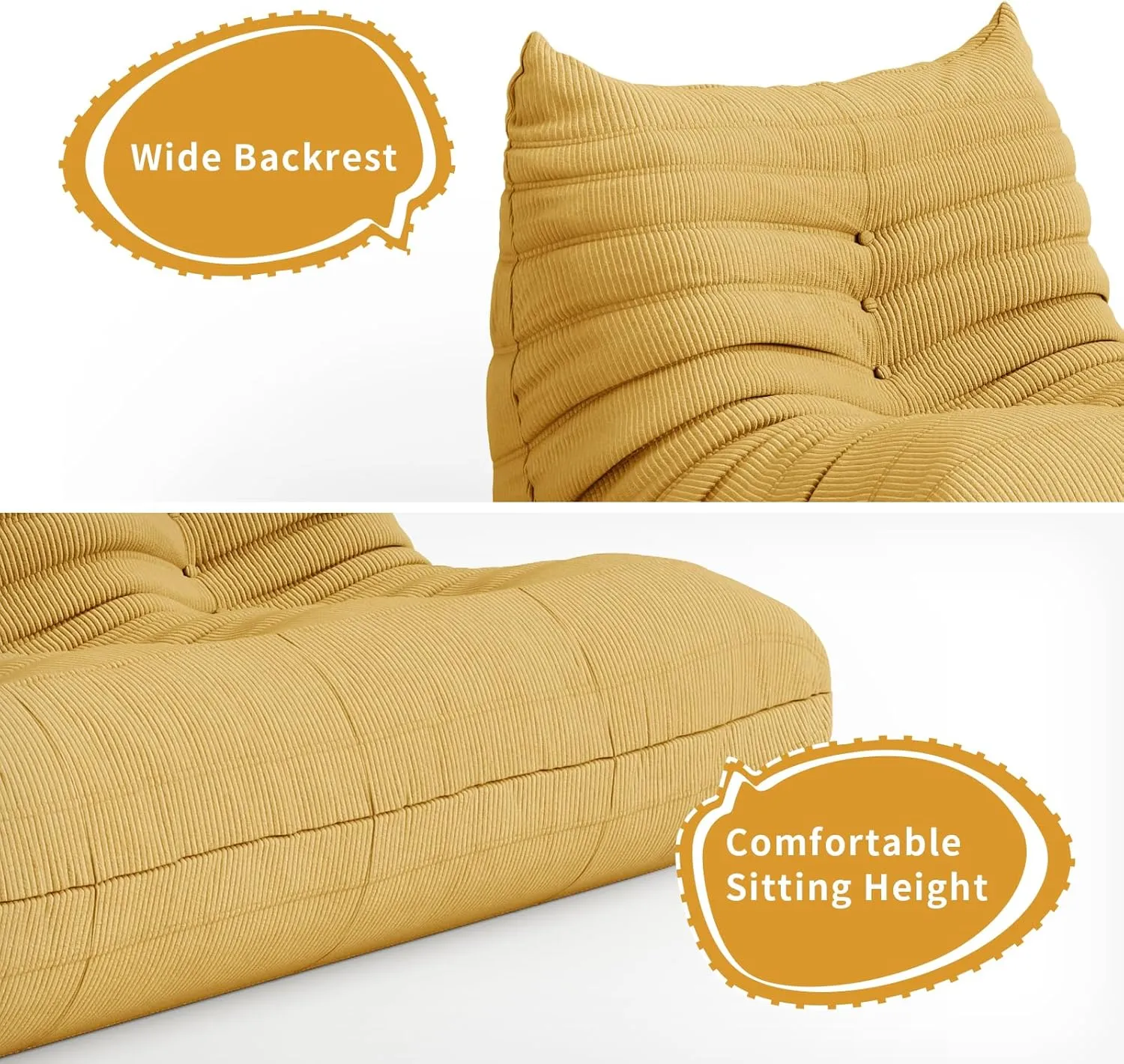 Bean Bag Chair for Adults Fireside Sofa Floor Lazy Couches with Ergonomic Corduroy Cozy Memory Foam Lounger Couch for Dorm, Apartment and Gaming Venue,Yellow