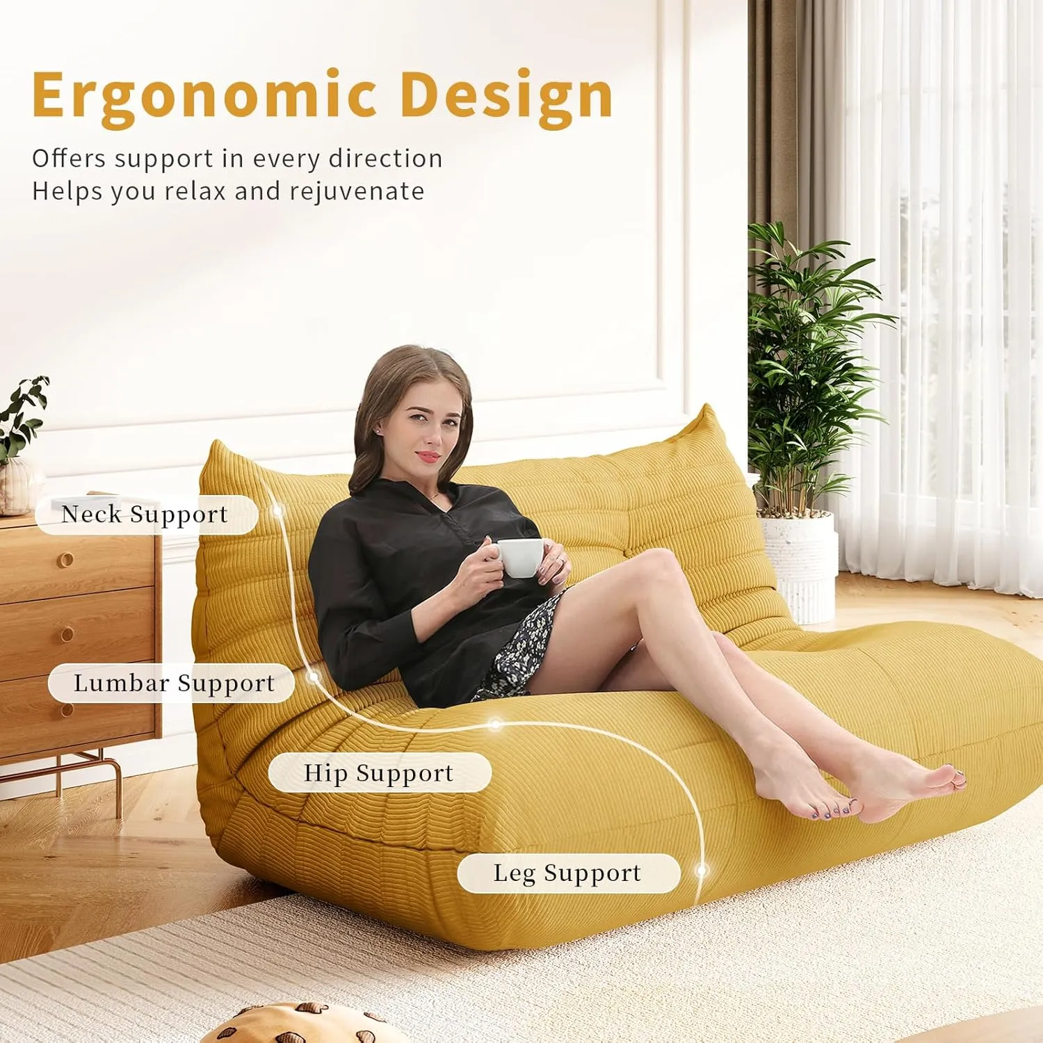 Bean Bag Chair for Adults Fireside Sofa Floor Lazy Couches with Ergonomic Corduroy Cozy Memory Foam Lounger Couch for Dorm, Apartment and Gaming Venue,Yellow