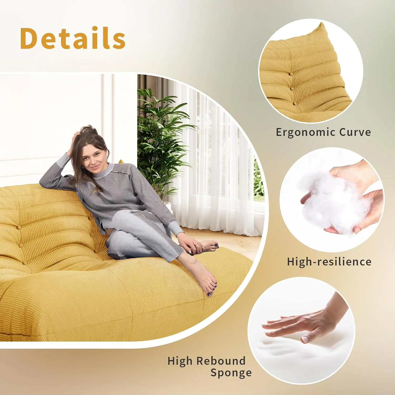 Bean Bag Chair for Adults Fireside Sofa Floor Lazy Couches with Ergonomic Corduroy Cozy Memory Foam Lounger Couch for Dorm, Apartment and Gaming Venue,Yellow