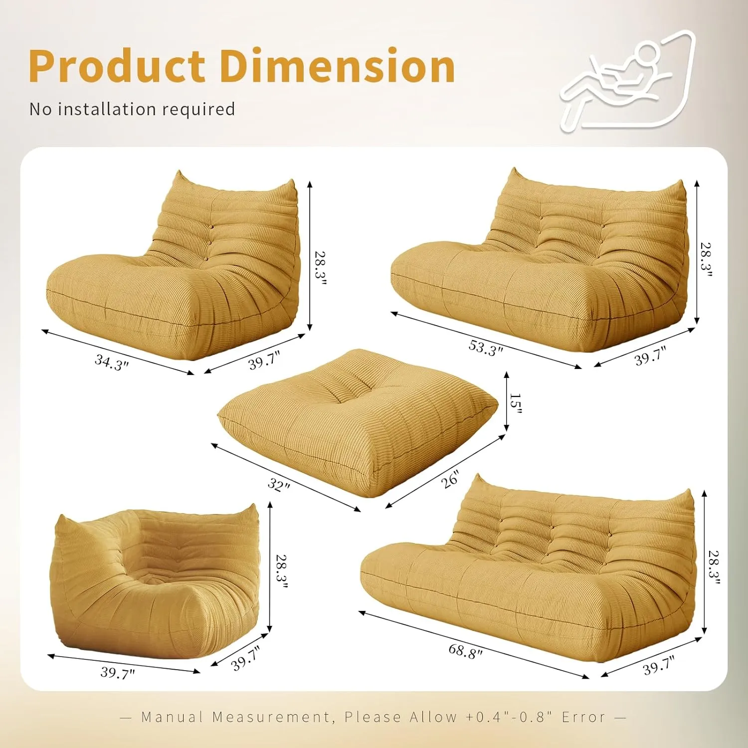 Bean Bag Chair for Adults Fireside Sofa Floor Lazy Couches with Ergonomic Corduroy Cozy Memory Foam Lounger Couch for Dorm, Apartment and Gaming Venue,Yellow