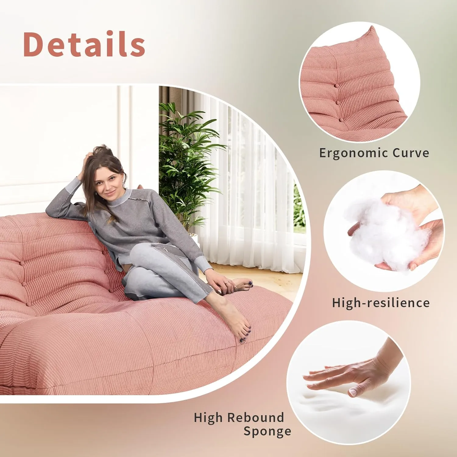 Bean Bag Chair Sofa Fireside Big Sack BeanBag Lounger Couch for Adults Corduroy Cozy Lazy Floor Sofa Memory Foam Chair for Home, Apartment and Gaming Venue,Pink