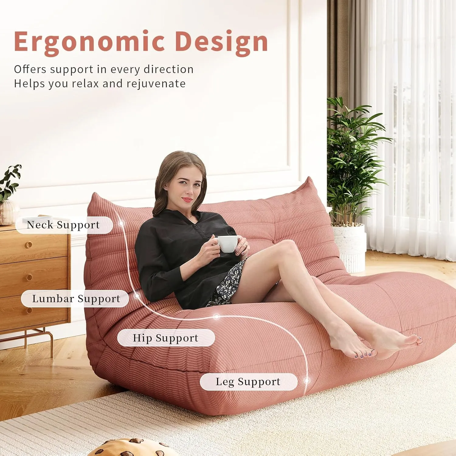 Bean Bag Chair Sofa Fireside Big Sack BeanBag Lounger Couch for Adults Corduroy Cozy Lazy Floor Sofa Memory Foam Chair for Home, Apartment and Gaming Venue,Pink