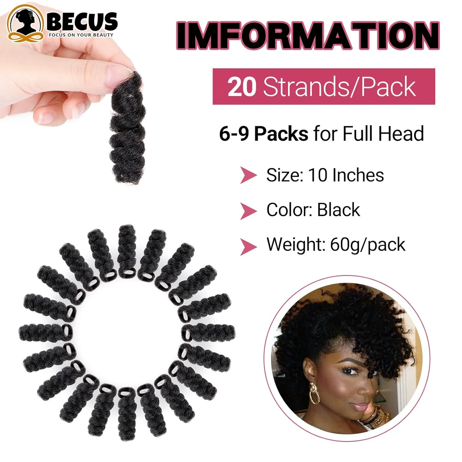 BECUS 5Packs 20 Roots/pack 10inches Short Natural Black (12mm) Crochet Braids Hair Afro Bouncy Wave Synthetic Hair Extensions