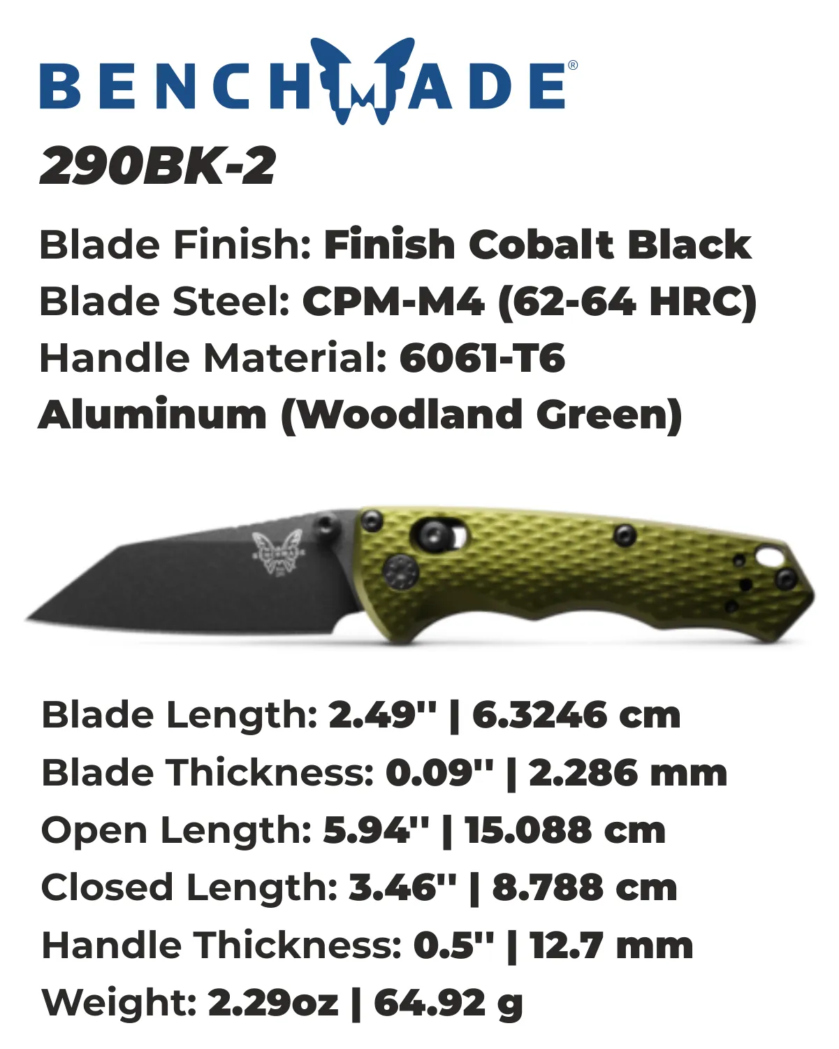 Benchmade 290BK-2 Full Immunity Black CPM-M4 Woodland Green Handle 2.49'' Plain Edge Pocket Knife with Benchmade Blue Lube Lubricant for knives 37ml 1.25fl oz (Made in USA)