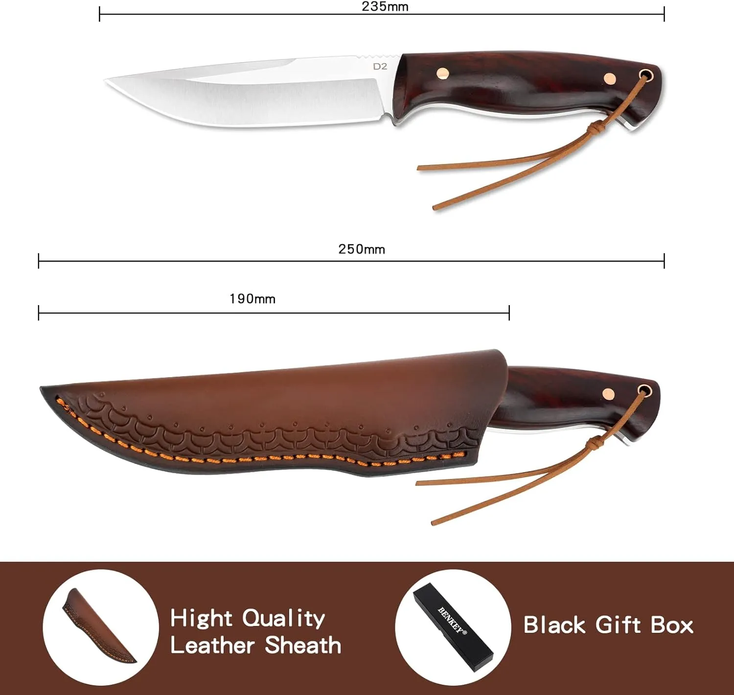 Benkey Fixed Blade Hunting Knife Full Tang with Leather Sheath, Solid & Sharp D2 Blade Outdoor Survival Hunting Knife, Comfortable Natural Wood Handle Camping Knife for Men and Women