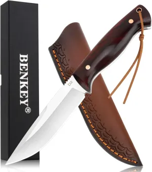 Benkey Fixed Blade Hunting Knife Full Tang with Leather Sheath, Solid & Sharp D2 Blade Outdoor Survival Hunting Knife, Comfortable Natural Wood Handle Camping Knife for Men and Women