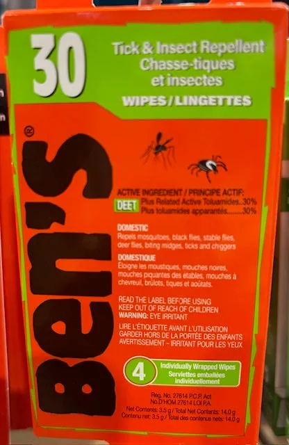 Ben's 30 Tick & Insect Repellent Wipes 30% Deet 4 pc Travel Pack