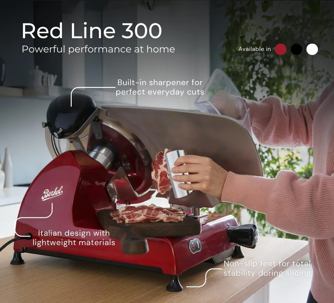 Berkel Red Line 300 Electric Food Slicer | 12" Blade | Built-In Sharpener | Heavy Duty & Precise | Premium Deli Slices at Home | Includes 6-pc Knife Set | Italian Heritage Since 1898 (Red)