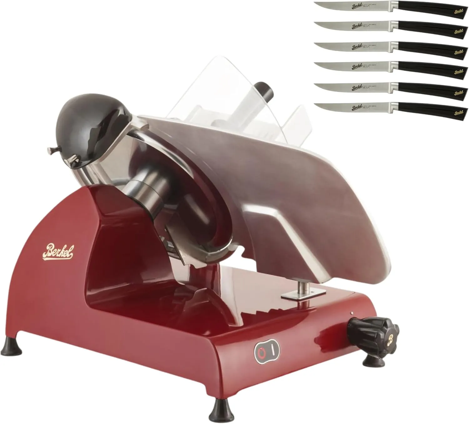 Berkel Red Line 300 Electric Food Slicer | 12" Blade | Built-In Sharpener | Heavy Duty & Precise | Premium Deli Slices at Home | Includes 6-pc Knife Set | Italian Heritage Since 1898 (Red)