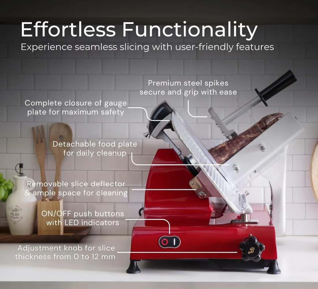 Berkel Red Line 300 Electric Food Slicer | 12" Blade | Built-In Sharpener | Heavy Duty & Precise | Premium Deli Slices at Home | Includes 6-pc Knife Set | Italian Heritage Since 1898 (Red)