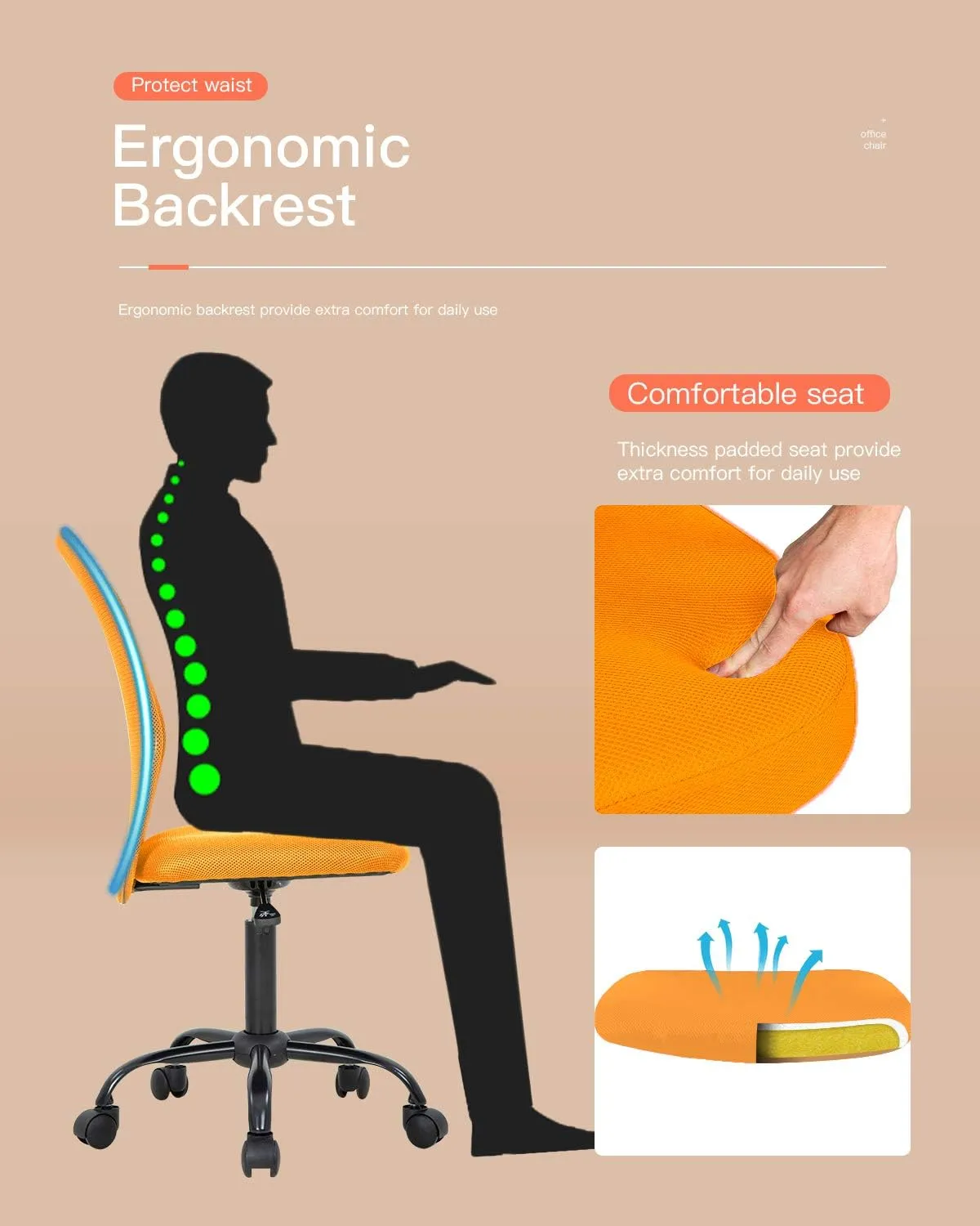 BestOffice Ergonomic Office Chair Desk Chair Mesh Computer Chair Armless Back Support Modern Executive Rolling Swivel Chair with Lumbar Support (Orange)