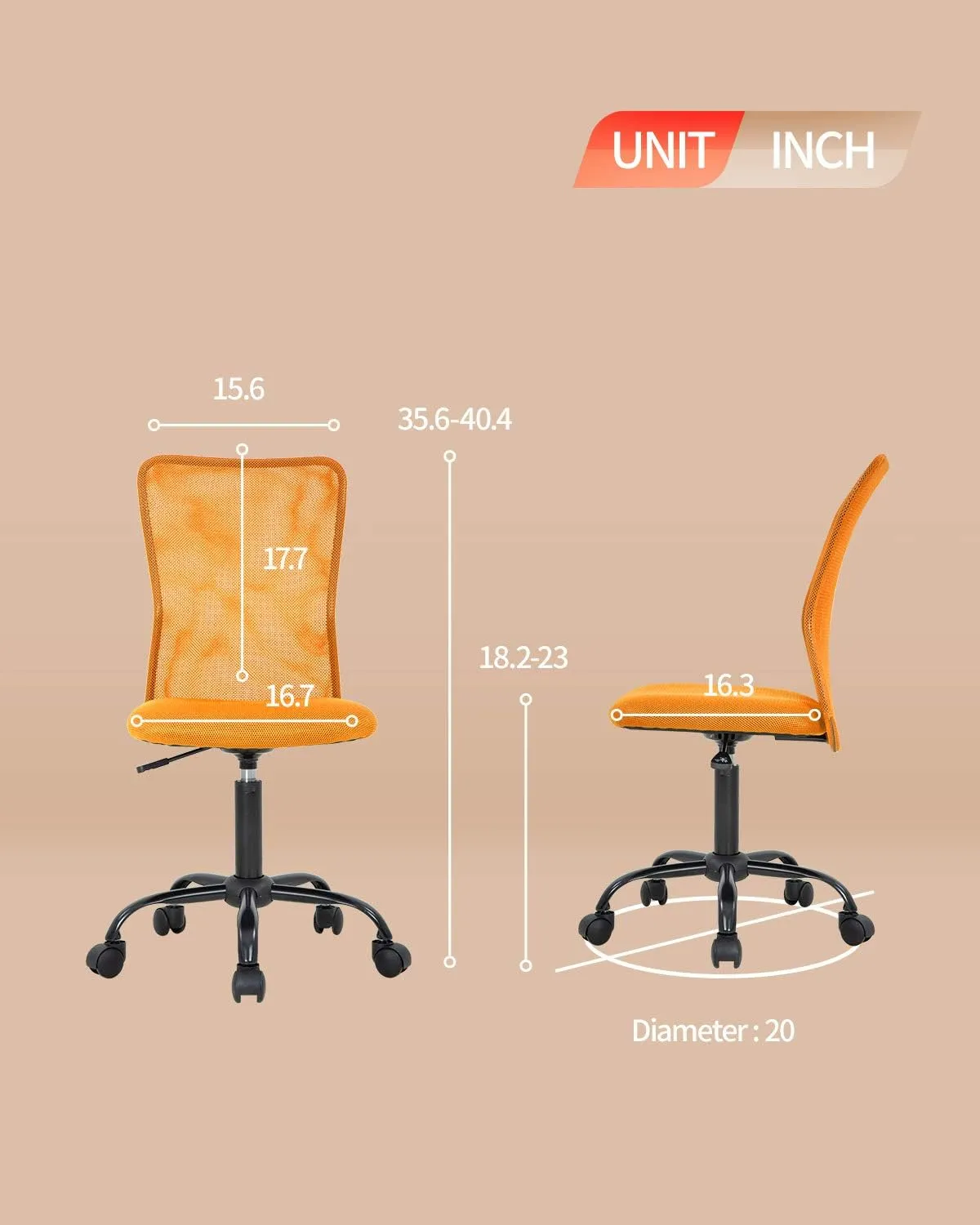 BestOffice Ergonomic Office Chair Desk Chair Mesh Computer Chair Armless Back Support Modern Executive Rolling Swivel Chair with Lumbar Support (Orange)