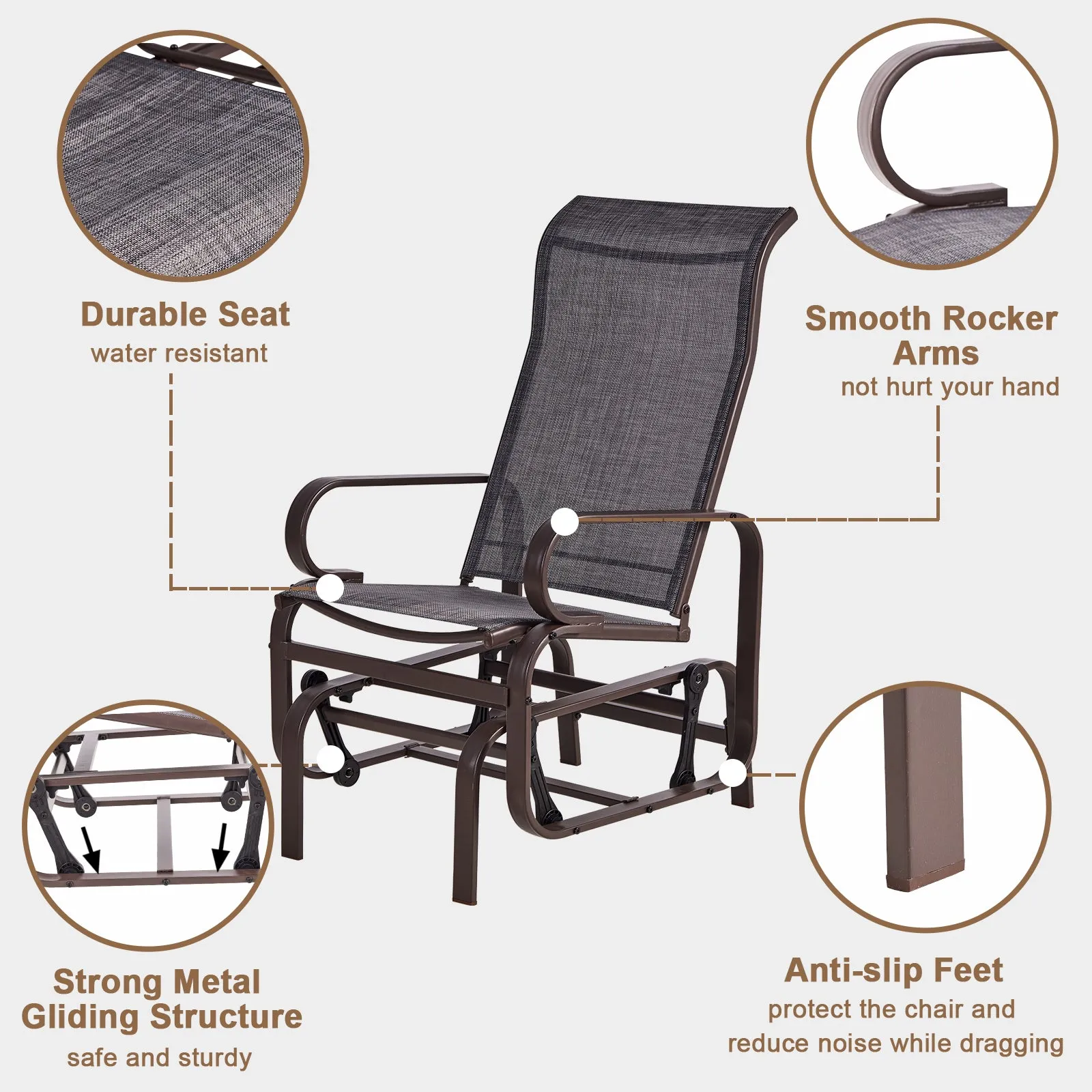 BIGTREE Outdoor Swing Glider Chair,Rocker Patio Chair, Glider Rocker Chair w/Stable Steel Frame & Breathable Mesh for Garden, Porch Patio & Backyard (Single Chair)