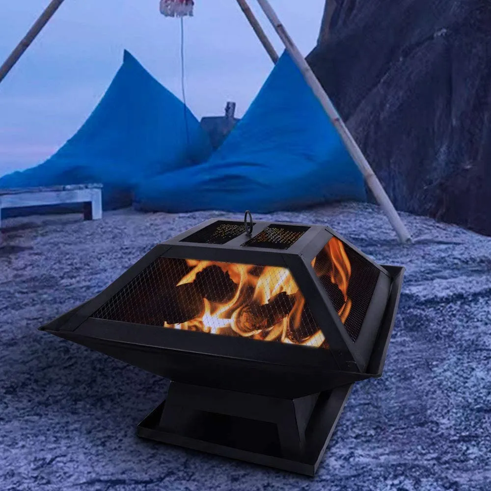Bigzzia Fire Pit BBQ Camping Portable Charcoal Barbecue With Poker for Garden Outdoor Picnics