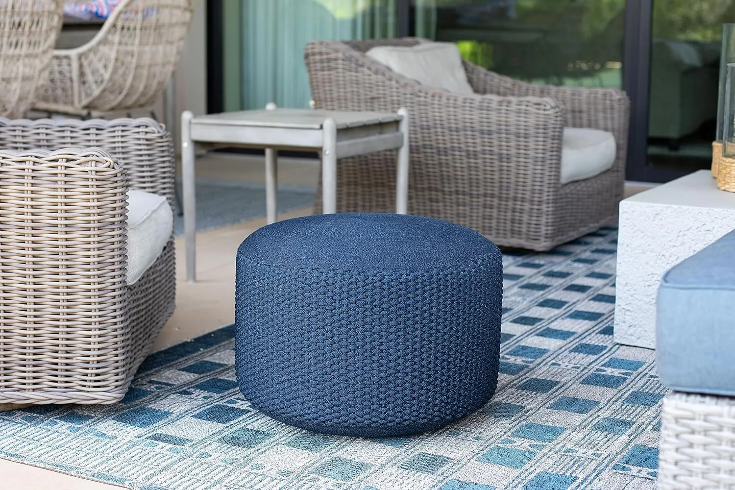 BIRDROCK HOME Outdoor Pouf Ottoman | Hand Woven Waterproof Foot Stool with Bead Bag Filling | Boho Foot Rest for Patio, Living Room, Porch & Outdoor Seating | Lightweight, Soft Stuffed Chair | Navy