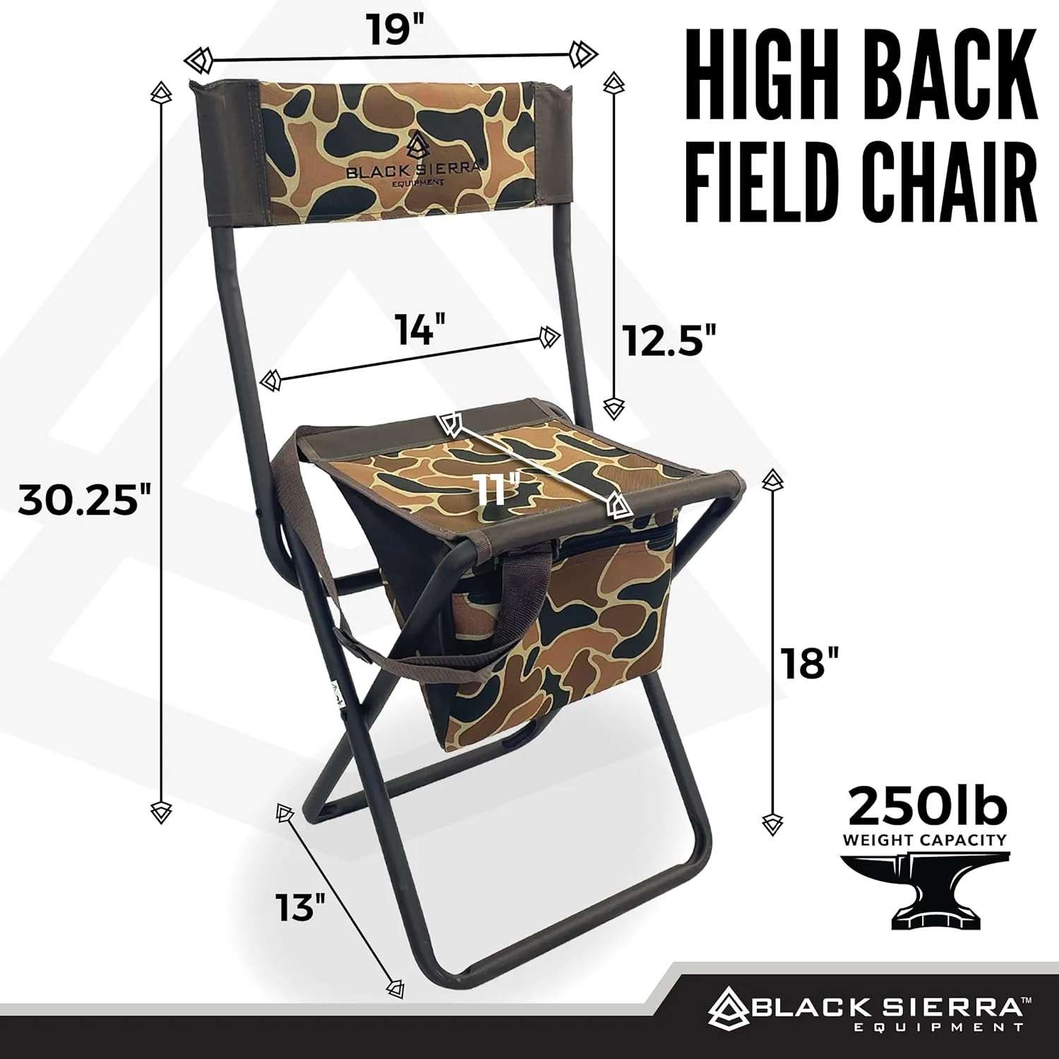 Black Sierra Folding Hunting Stool w/Under Seat Storage Pouch and Carry Strap, Lightweight Portable Hunt Chair w/Backrest, Heavy-Duty Steel Frame Supports 250 LBS, for Hunting, Fishing (OG Camo)
