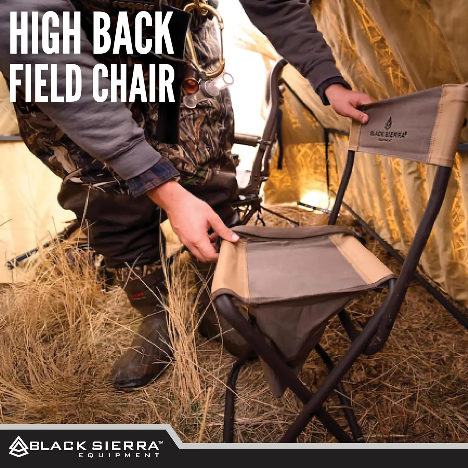 Black Sierra Folding Hunting Stool w/Under Seat Storage Pouch and Carry Strap, Lightweight Portable Hunt Chair w/Backrest, Heavy-Duty Steel Frame Supports 250 LBS, for Hunting, Fishing (OG Camo)