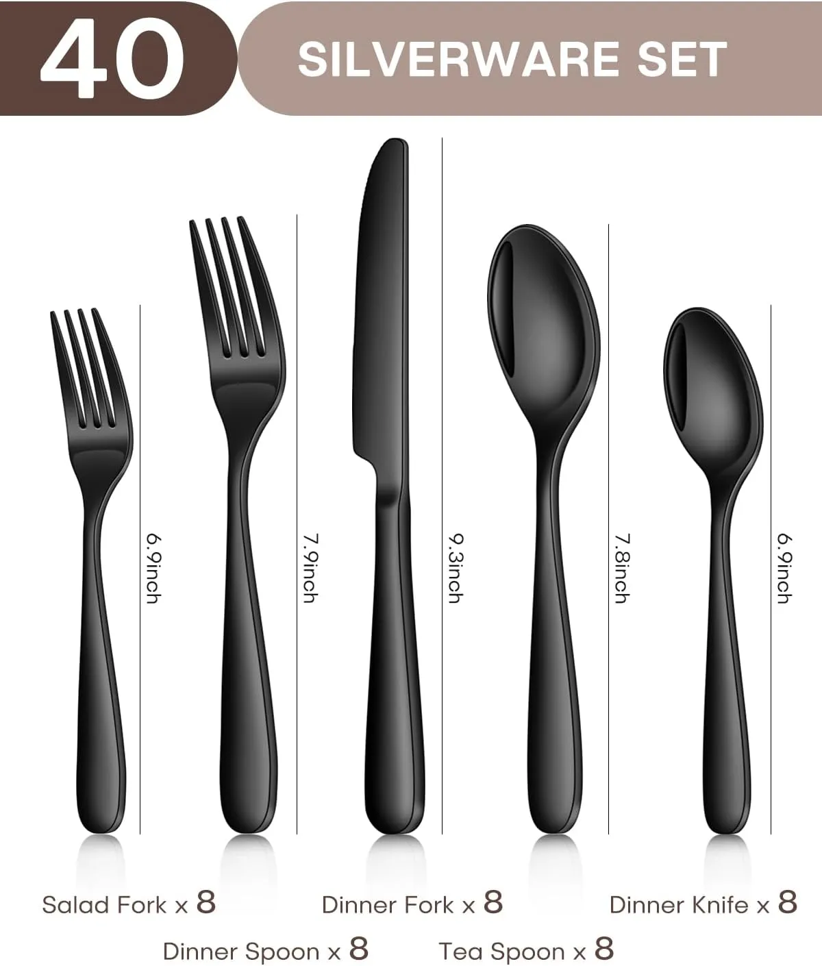 Black Silverware Set, Ollex 40PCS Black Flatware Set for 8 Include Knife Spoon Fork Set for Kitchen Tableware Eating Utensil Set, Stainless Steel Cutlery Set Mirror Polished, Dishwasher Safe