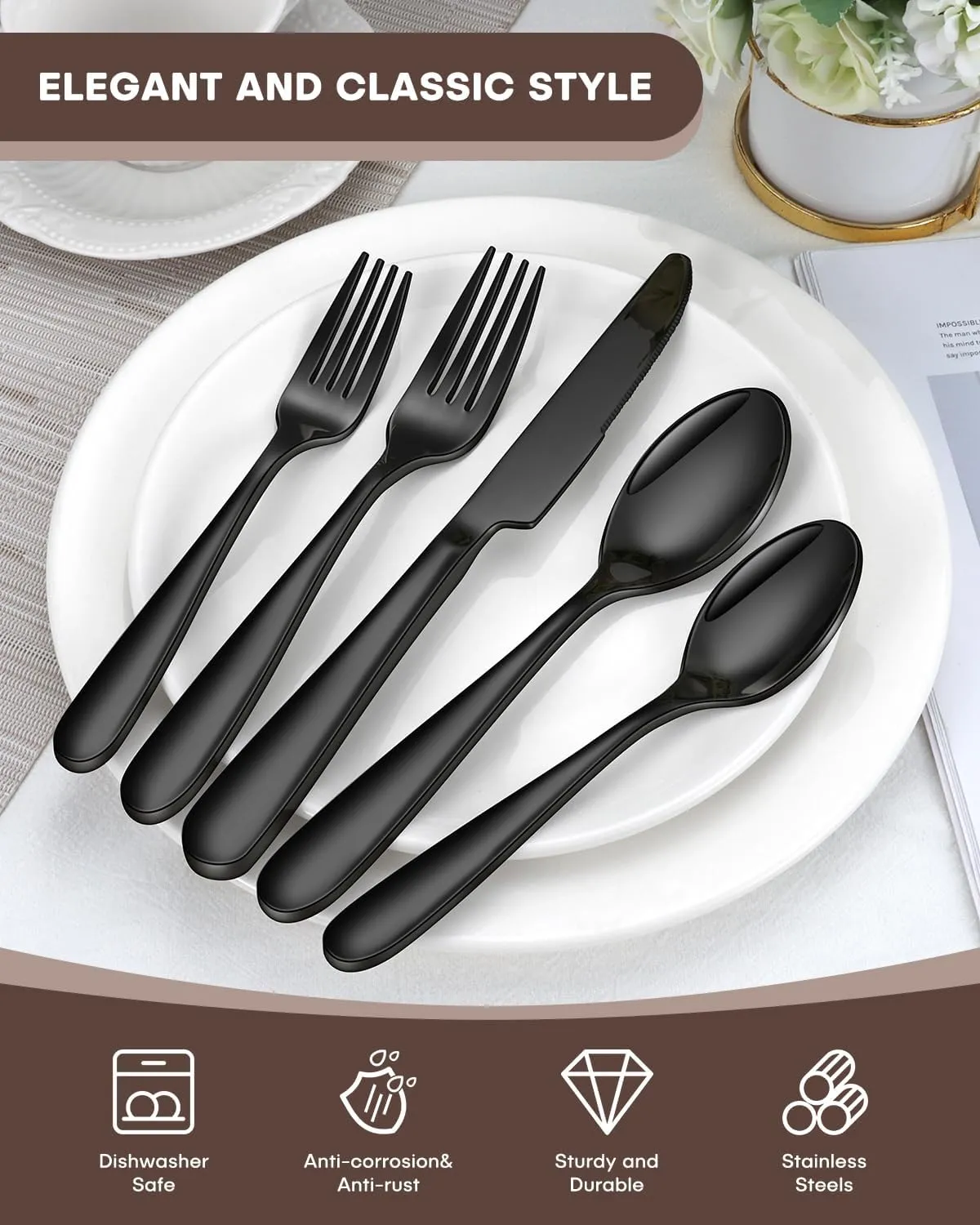 Black Silverware Set, Ollex 40PCS Black Flatware Set for 8 Include Knife Spoon Fork Set for Kitchen Tableware Eating Utensil Set, Stainless Steel Cutlery Set Mirror Polished, Dishwasher Safe