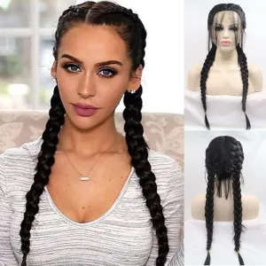 Black Twist Braided Wigs for Women Long Braided Lightweight Wigs Pre Plucked Hairline Realistic Full Lace Front Dutch Braids Hair Wig Glueless Synthetic Heat Resistant Cosplay Daily Drag Queen 22 Inch
